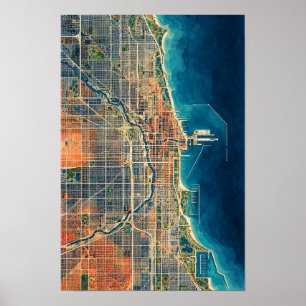 Chicago Meerfront Luchtstadkaart Muurkunst Poster
