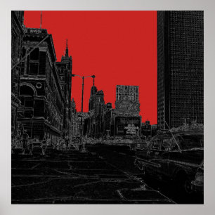 Chicago Michigan Avenue 1960's Ggloed Edges Black Poster