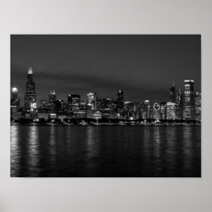 Chicago Night Cityscape Grayscale Poster