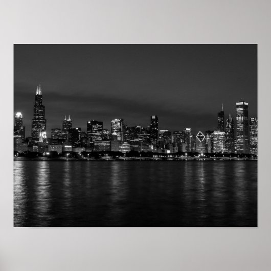 Chicago Night Cityscape Grayscale Poster (Voorkant)