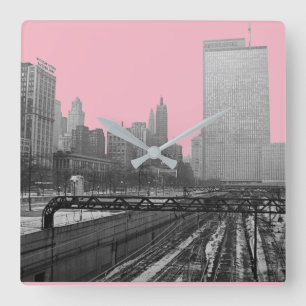 Chicago Rail Yards Downtown 1960's Railroad Foto Vierkante Klok