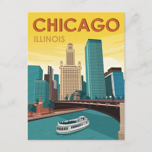 Chicago River Skyline Vintage Travel Briefkaart (Voorkant)