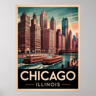Chicago Riverwalk Retro Art – stadsbeeld Poster