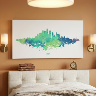 Chicago Silhouet Aquarel Blauw Groen Stads Kunst Canvas Afdruk