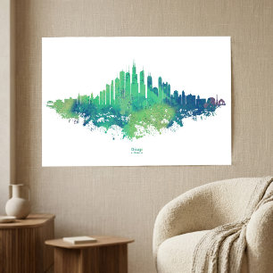 Chicago Silhouet Aquarel Blauw Groen Stads Kunst Poster