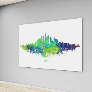 Chicago Silhouet Aquarel Blauw & Limoen Kunst Prin Canvas Afdruk