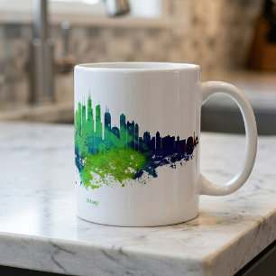 Chicago Silhouet Aquarel Blauw & Limoen Kunst Prin Koffiemok