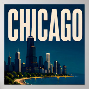 Chicago Silhouet en Lake Michigan Poster