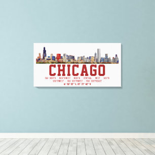 Chicago Silhouet. Gebieds Namen en Coördinaten Canvas Afdruk