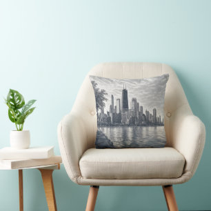 Chicago Silhouet in Pointillistische Kunst Kussen