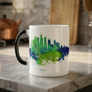 Chicago Silhouette Aquarel Blauwe & Limoen Kleur K Magische Mok