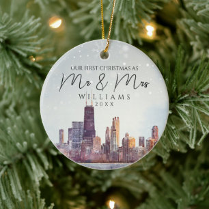 Chicago Silhouette Eerste Kerstmis Als Meneer & Me Keramisch Ornament