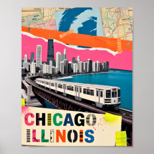 Chicago Silhouette Trein Pop Art Collage Retro Rei Poster