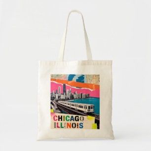 Chicago Silhouette Trein Pop Art Collage Retro Rei Tote Bag