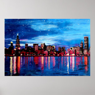 Chicago Skyline bij nacht Poster