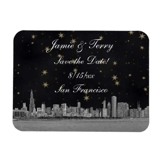Chicago Skyline Black Gold Star Save the Date Magneet (Horizontaal)
