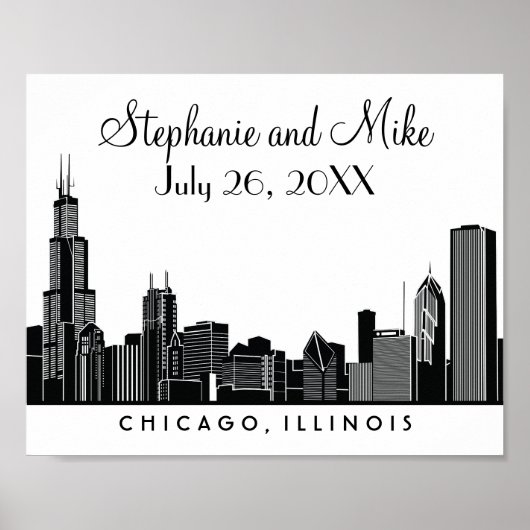Chicago Skyline Black Wedding Reception Welkom Poster (Voorkant)