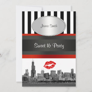 Chicago Skyline BW Blk Wht Strp Rood Kiss Sweet 16 Kaart