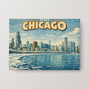 Chicago skyline en Lake Michigan in de winter Button