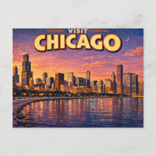 Chicago skyline en Lake Michigan 's avonds Feestdagenkaart