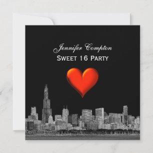 Chicago Skyline Etch DIY BG Red Heart SQ Sweet 16 Kaart