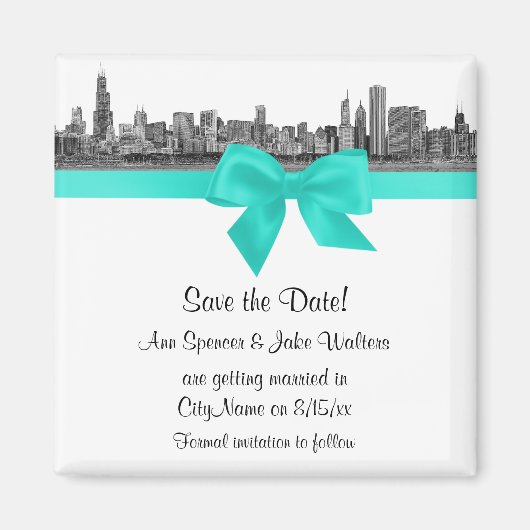 Chicago Skyline Etched BW Aqua Save the Date Magneet (Voorkant)