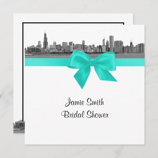 Chicago Skyline Etched BW Aqua SQ Vrijgezellenfees Kaart (Voorkant / Achterkant)