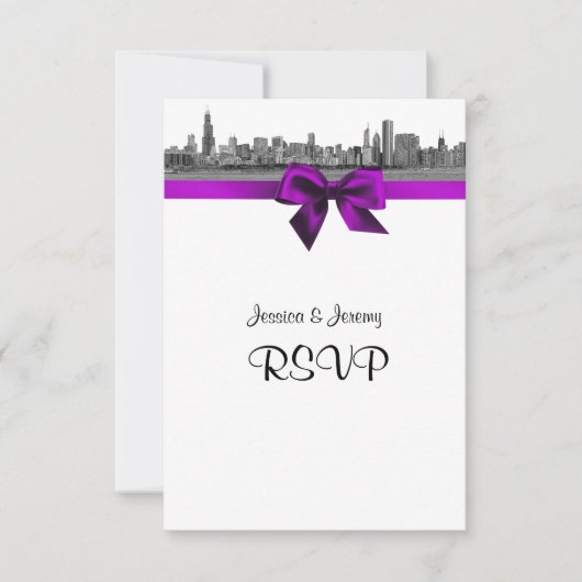 Chicago Skyline Etched BW Violet RSVP Menu (Voorkant)