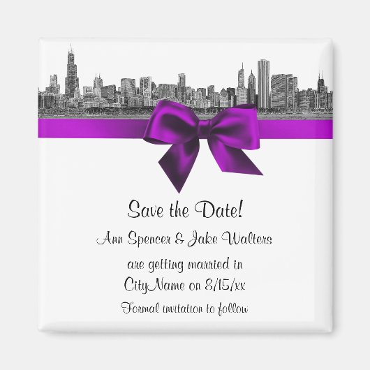 Chicago Skyline Etched BW Violet Save the Date Magneet (Voorkant)
