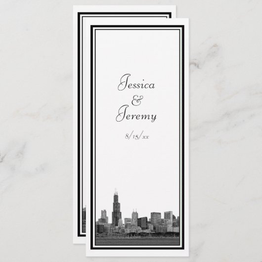 Chicago Skyline Etched Ingelijste Bruiloft Program Programma (Voorkant / Achterkant)