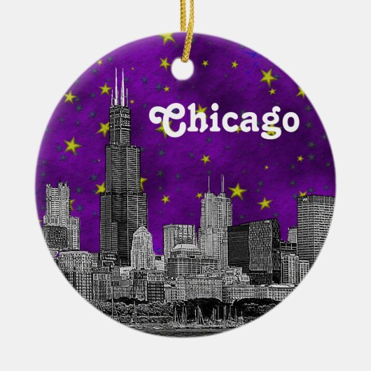 Chicago Skyline Etched, Paarse Starry Sky Keramisch Ornament (Voorkant)