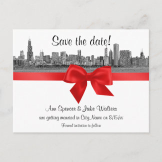 Chicago Skyline Geëtst BW Rood Save the Date Aankondigingskaart