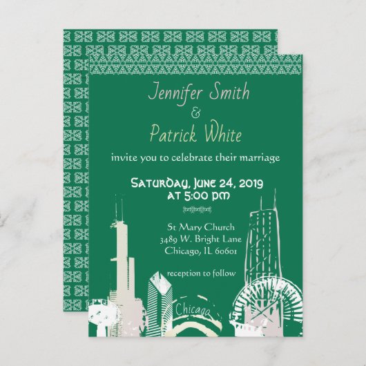Chicago Skyline groen en pastel bruiloft Uitnodiging Briefkaart (Voorkant / Achterkant)