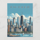 Chicago Skyline Moderne Carte Postale Bleue (Devant)