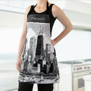 Chicago Skyline Moderne Noir Blanc Tablier