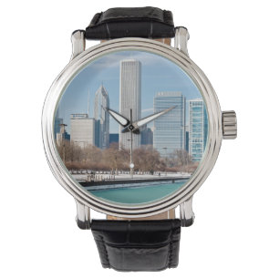 Chicago skyline over bevroren meer Michigan Horloge
