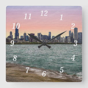 Chicago Skyline Painterly Wandklok Vierkante Klok