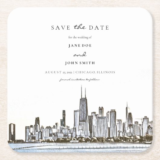 Chicago Skyline Papieren Onderzetter Save the Date (Voorkant)