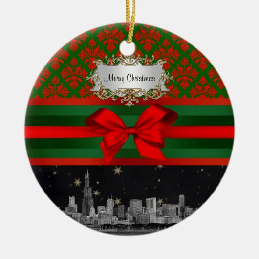 Chicago Skyline Red Green Damask #2 Bow Xmas Keramisch Ornament (Voorkant)