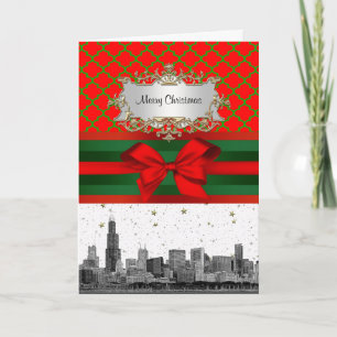 Chicago Skyline Red Green Quatrefoil mas Feestdagen Kaart