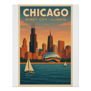 Chicago Skyline Retro – Windy City Reizen Perfect Poster