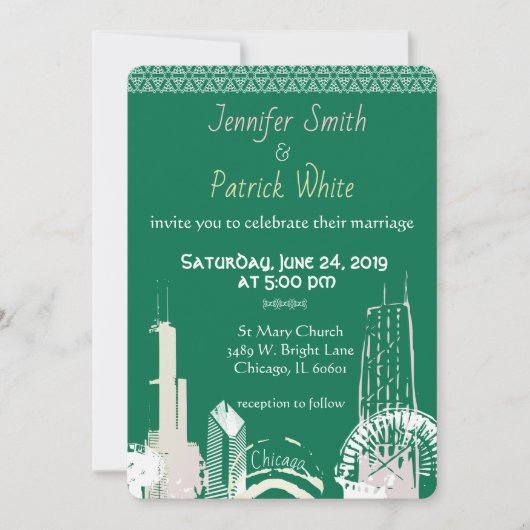 Chicago Skyline smaragd kant elegante uitnodiging (Voorkant)