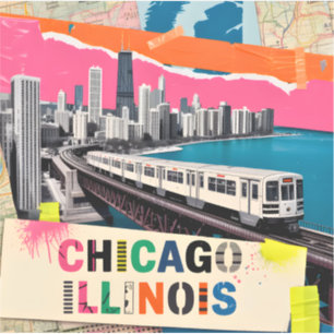 Chicago Skyline Trein Pop Art Collage Retro Reizen Sticker