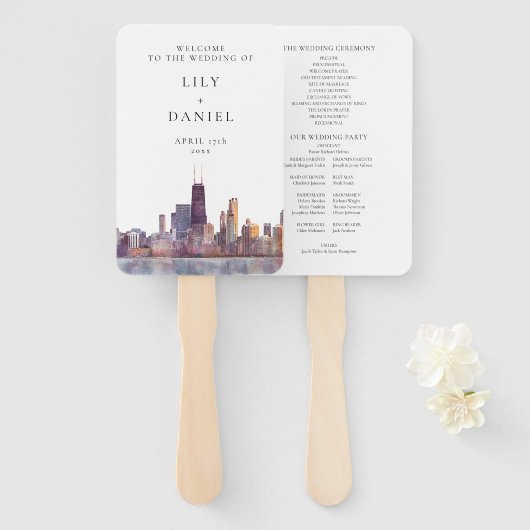 Chicago Skyline Watercolor Wedding Program Handwaaier (Voorkant en achterkant)