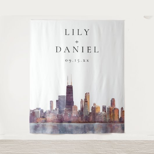 Chicago Skyline Wedding Photo Backdrop Wandkleed (Voorkant)