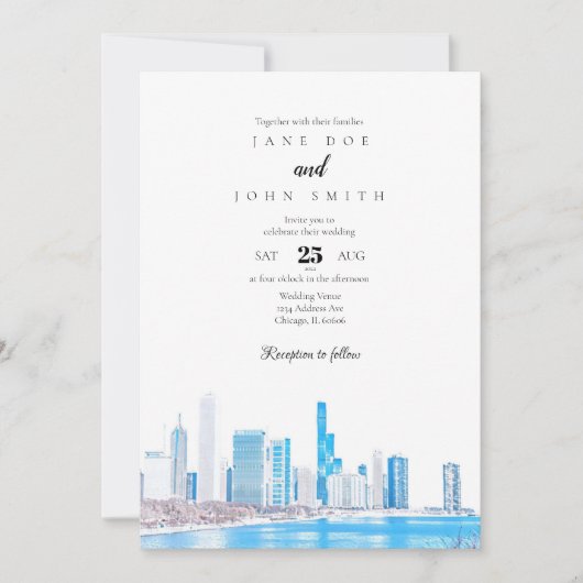 Chicago Skyline Winter Wedding Invitation Kaart (Voorkant)