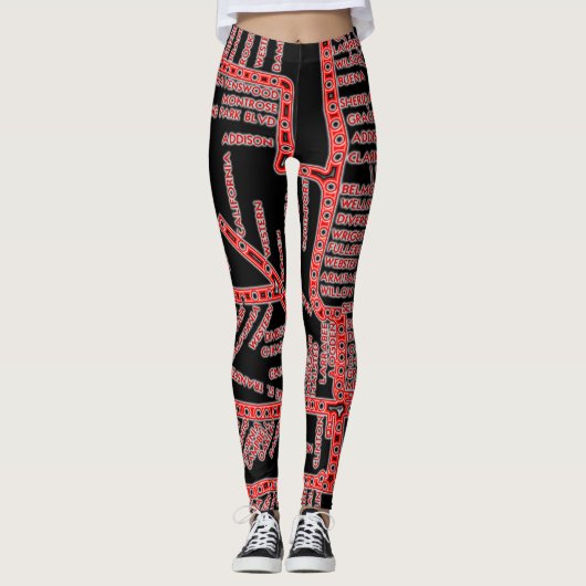 Chicago Subway Map met treinstops NEON RED Leggings (Voorkant)