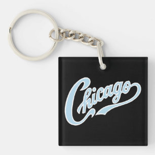 Chicago Tekst in Chicago Blauw Script BLK Sleutelhanger