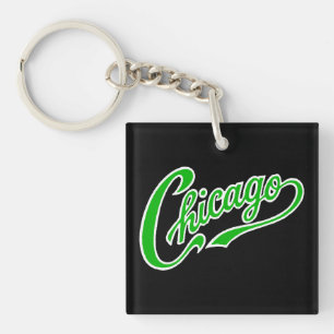 Chicago Tekst in Groen Script BLK Sleutelhanger