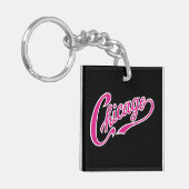 Chicago Tekst in Roze Script BLK Sleutelhanger (Voorkant Links)